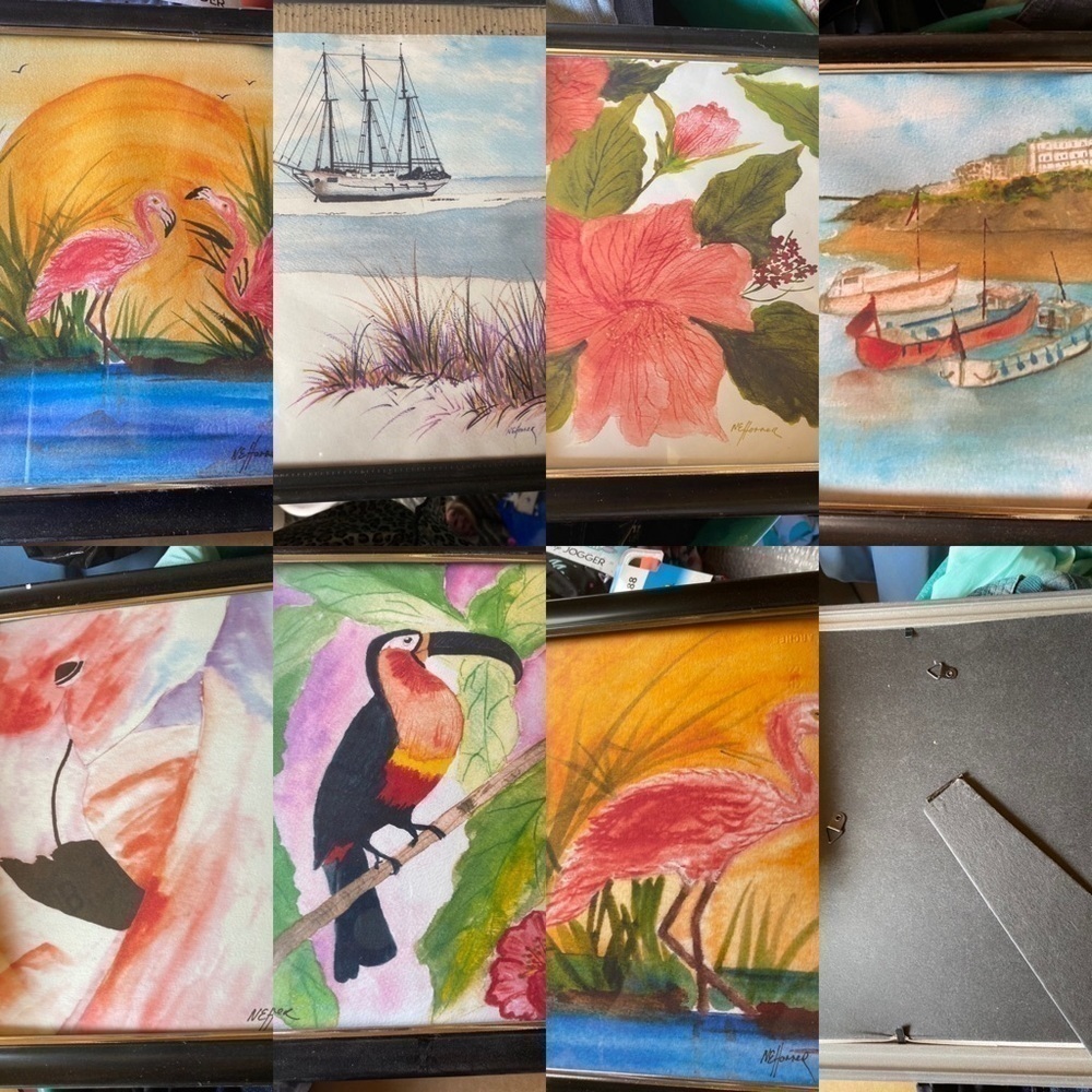 8 water color ocean themed paintings with frames